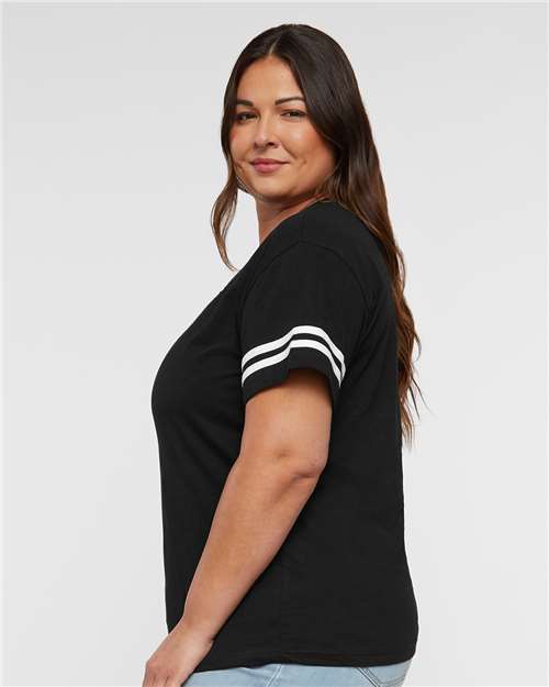 LAT 3537 Women's Football V-Neck Fine Jersey Tee - Black Solid/ White - model side