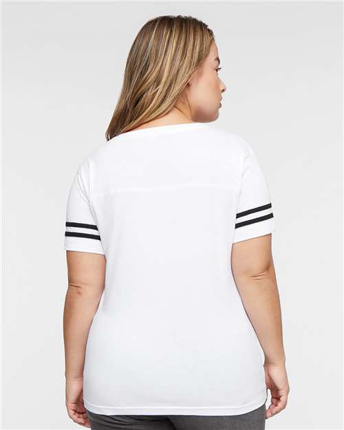LAT 3537 Women's Football V-Neck Fine Jersey Tee - White Solid/ Black - model back