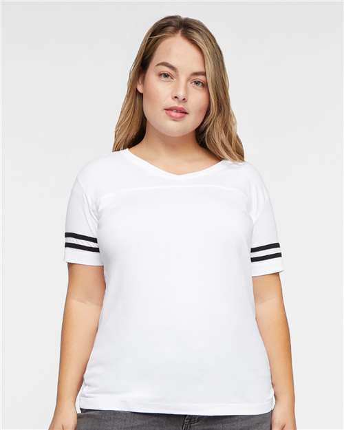 LAT 3537 Women's Football V-Neck Fine Jersey Tee - White Solid/ Black - model front