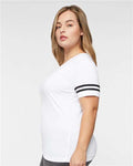 LAT 3537 Women's Football V-Neck Fine Jersey Tee - White Solid/ Black - model side