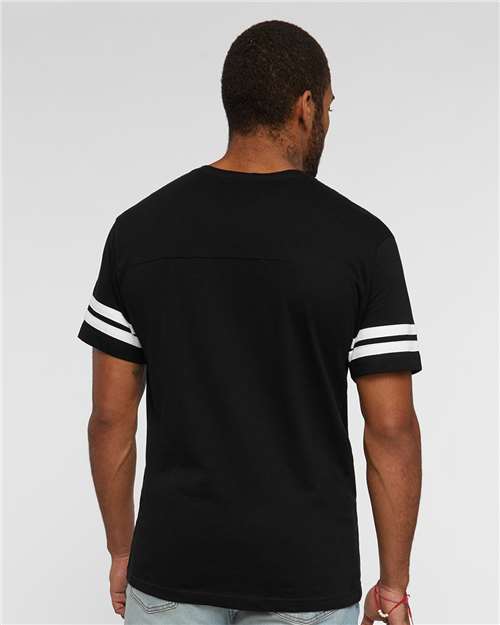 LAT 6937 Unisex Football Fine Jersey Tee - Black Solid/ White - model back