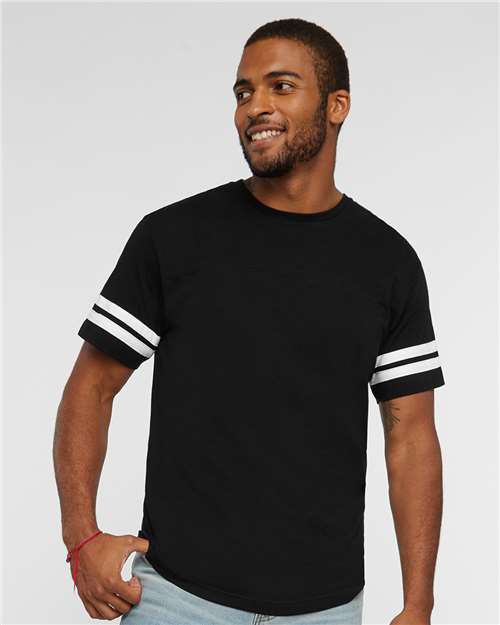 LAT 6937 Unisex Football Fine Jersey Tee - Black Solid/ White - model front