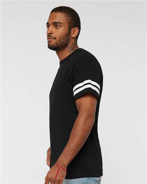 LAT 6937 Unisex Football Fine Jersey Tee - Black Solid/ White - model side