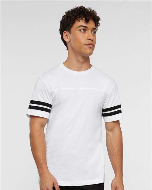 LAT 6937 Unisex Football Fine Jersey Tee - White Solid/ Black - model front