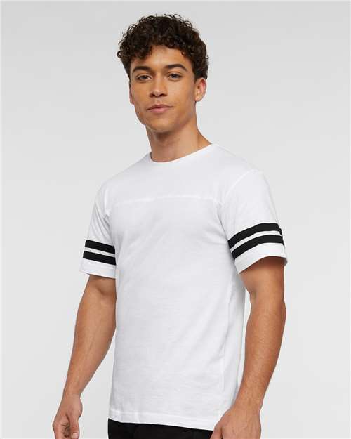 LAT 6937 Unisex Football Fine Jersey Tee - White Solid/ Black - model side