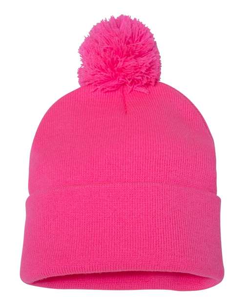 Sportsman SP15 12" Pom-Pom Cuffed Beanie - Neon Pink - front