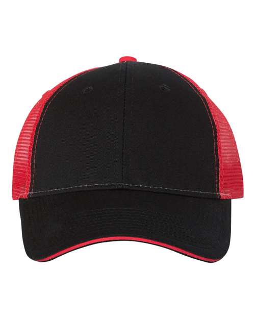 Valucap S102 Sandwich Trucker Cap - Black/ Red - front