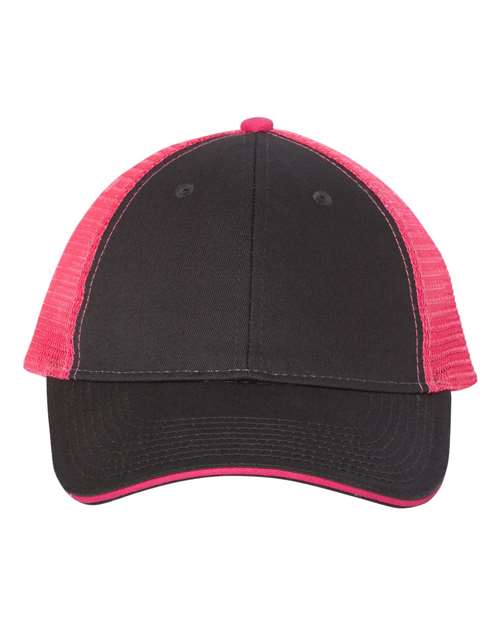 Valucap S102 Sandwich Trucker Cap - Charcoal/ Neon Pink - front