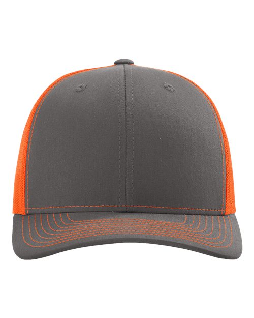 Richardson 112 Snapback Trucker Cap - Charcoal/ Neon Orange - front