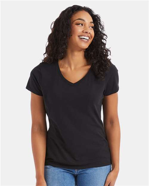 Hanes 42VT Women's Perfect-T Triblend V-Neck T-Shirt - Black Triblend - model front