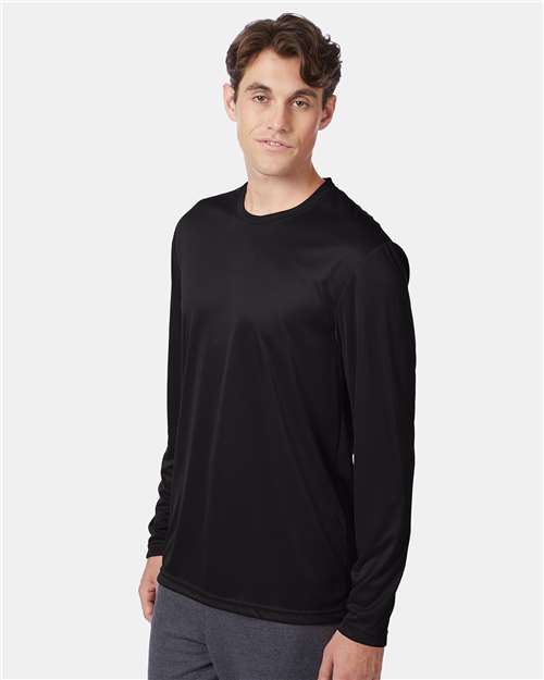 Hanes 482L Unisex Cool DRI Long Sleeve Performance T-Shirt - Black - model side