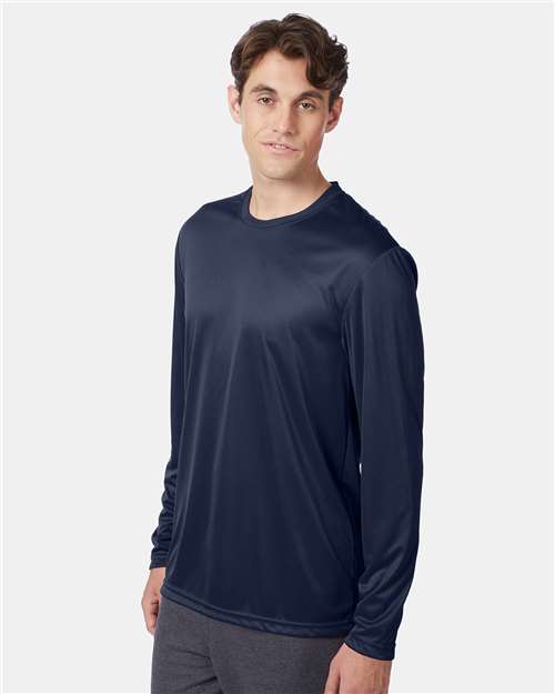 Hanes 482L Unisex Cool DRI Long Sleeve Performance T-Shirt - Navy - model side