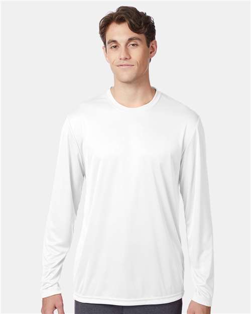 Hanes 482L Unisex Cool DRI Long Sleeve Performance T-Shirt - White - model front