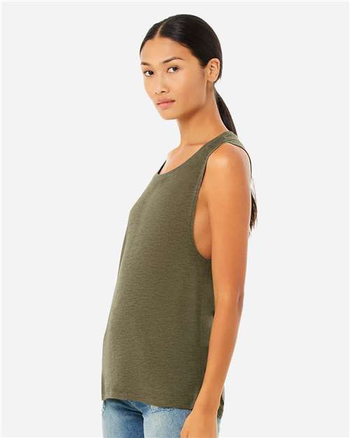 BELLA + CANVAS 8803 Women's Flowy Scoop Muscle Tank - Heather Olive - model side