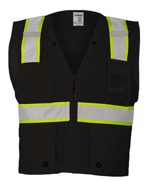 Kishigo B100-111 Unisex EV Series Enhanced Visibility Multi-Pocket Mesh Vest - Black/ Lime - B100 - front