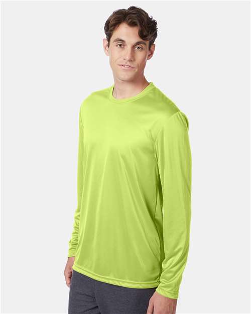 Hanes 482L Unisex Cool DRI Long Sleeve Performance T-Shirt - Safety Green - model side