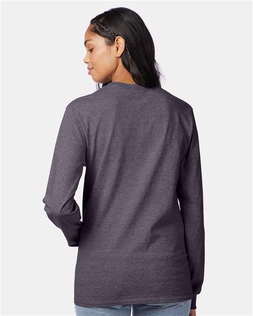 Hanes 5586 Authentic Long Sleeve T-Shirt - Charcoal Heather - model back