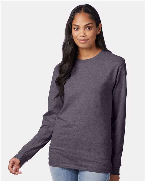 Hanes 5586 Authentic Long Sleeve T-Shirt - Charcoal Heather - model front