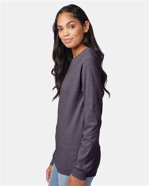 Hanes 5586 Authentic Long Sleeve T-Shirt - Charcoal Heather - model side