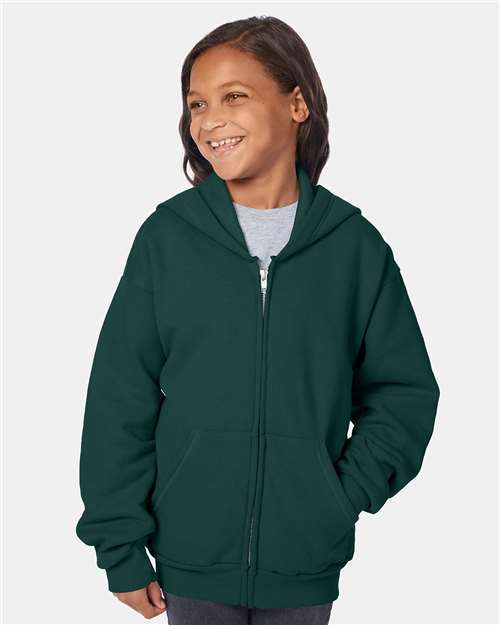 Hanes P480 Youth EcoSmart Full-Zip Hooded Sweatshirt - Deep Forest - model front