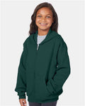 Hanes P480 Youth EcoSmart Full-Zip Hooded Sweatshirt - Deep Forest - model side
