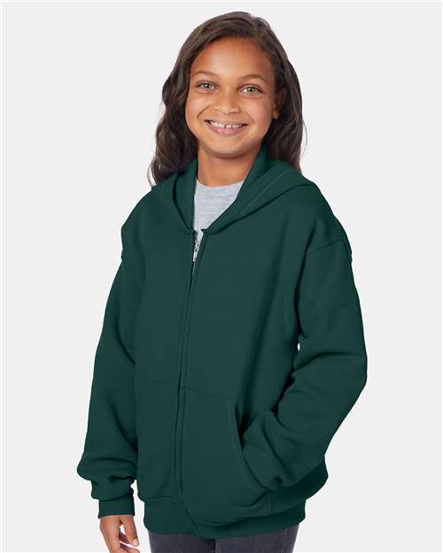 Hanes P480 Youth EcoSmart Full-Zip Hooded Sweatshirt - Deep Forest - model side