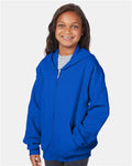 Hanes P480 Youth EcoSmart Full-Zip Hooded Sweatshirt - Deep Royal - model side