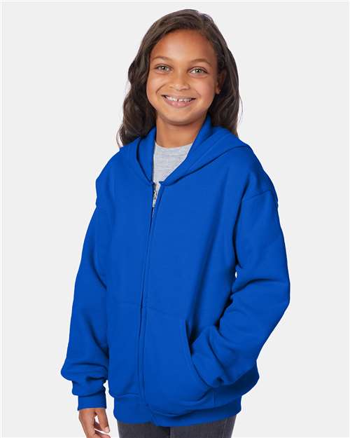 Hanes P480 Youth EcoSmart Full-Zip Hooded Sweatshirt - Deep Royal - model side