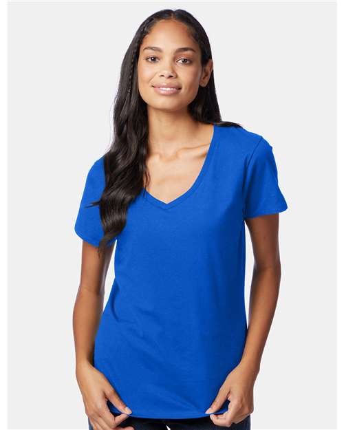 Hanes S04V Women's Perfect-T V-Neck T-Shirt - Deep Royal - model front