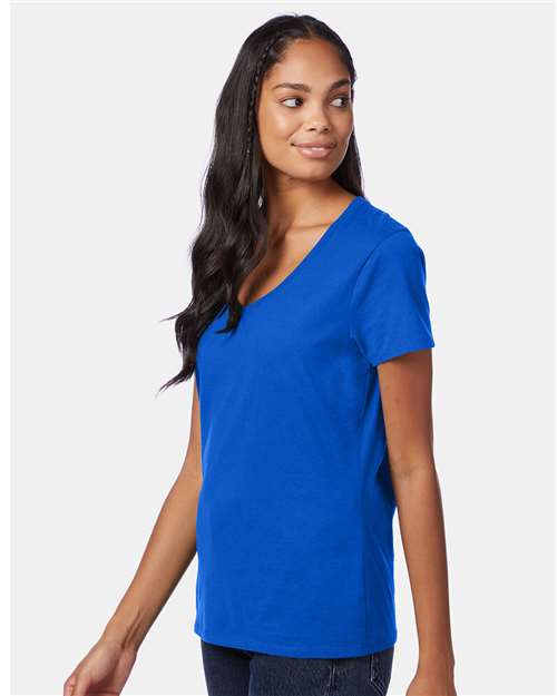 Hanes S04V Women's Perfect-T V-Neck T-Shirt - Deep Royal - model side