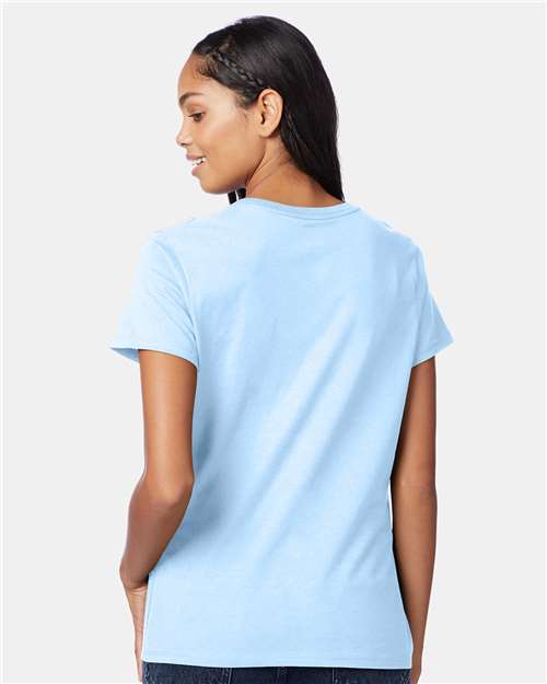 Hanes S04V Women's Perfect-T V-Neck T-Shirt - Light Blue - model back