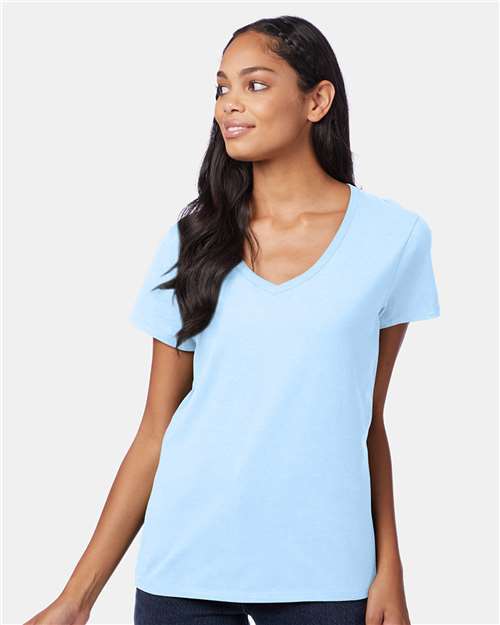 Hanes S04V Women's Perfect-T V-Neck T-Shirt - Light Blue - model front