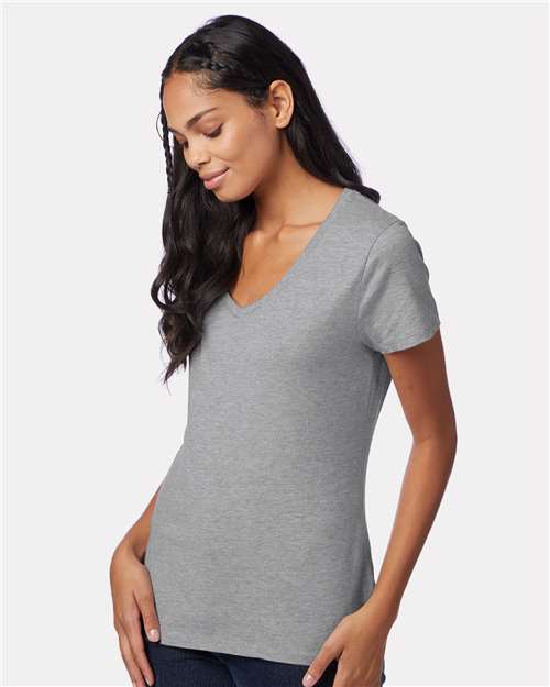 Hanes S04V Women's Perfect-T V-Neck T-Shirt - Light Steel - model side
