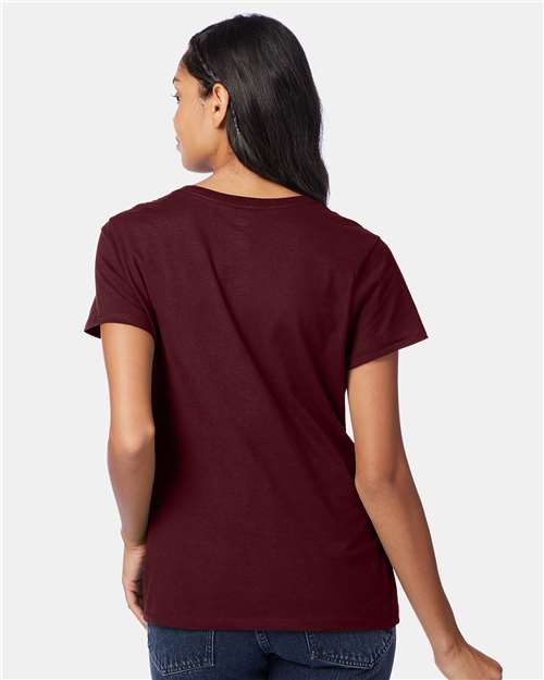 Hanes S04V Women's Perfect-T V-Neck T-Shirt - Maroon - model back