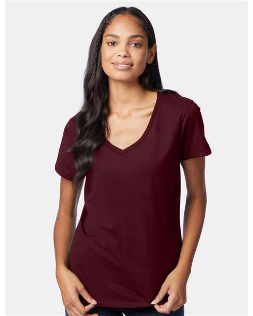 Hanes S04V Women's Perfect-T V-Neck T-Shirt - Maroon - model front