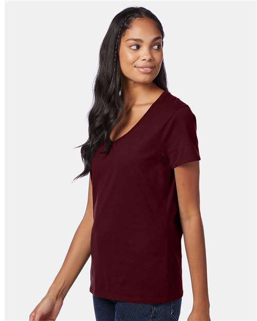 Hanes S04V Women's Perfect-T V-Neck T-Shirt - Maroon - model side