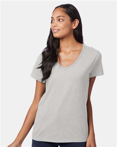 Hanes S04V Women's Perfect-T V-Neck T-Shirt - Ash - model front