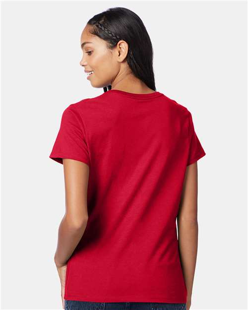 Hanes S04V Women's Perfect-T V-Neck T-Shirt - Deep Red - model back