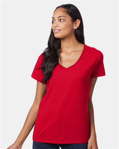 Hanes S04V Women's Perfect-T V-Neck T-Shirt - Deep Red - model front