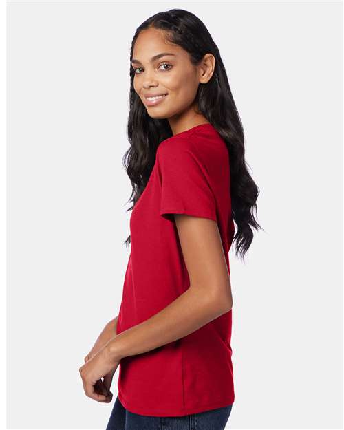 Hanes S04V Women's Perfect-T V-Neck T-Shirt - Deep Red - model side