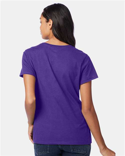 Hanes S04V Women's Perfect-T V-Neck T-Shirt - Purple - model back