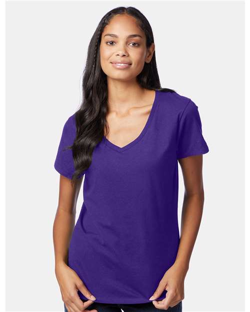 Hanes S04V Women's Perfect-T V-Neck T-Shirt - Purple - model front