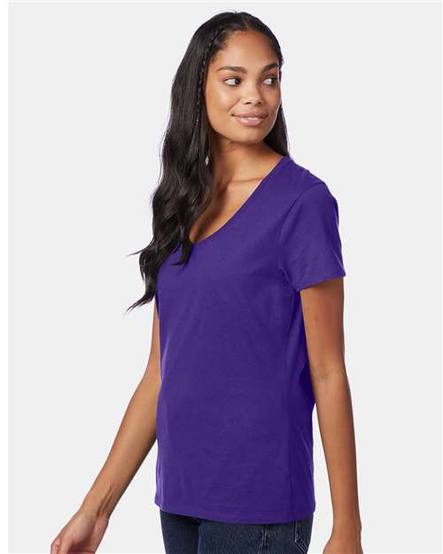 Hanes S04V Women's Perfect-T V-Neck T-Shirt - Purple - model side