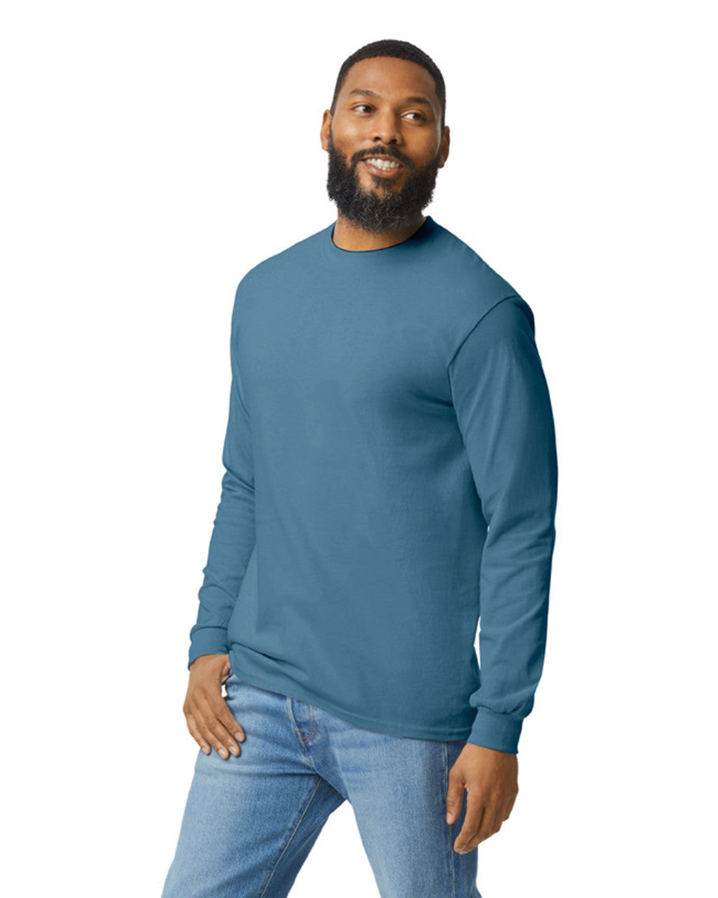 Gildan G540 Heavy Cotton Long Sleeve T-Shirt - Indigo Blue - model side