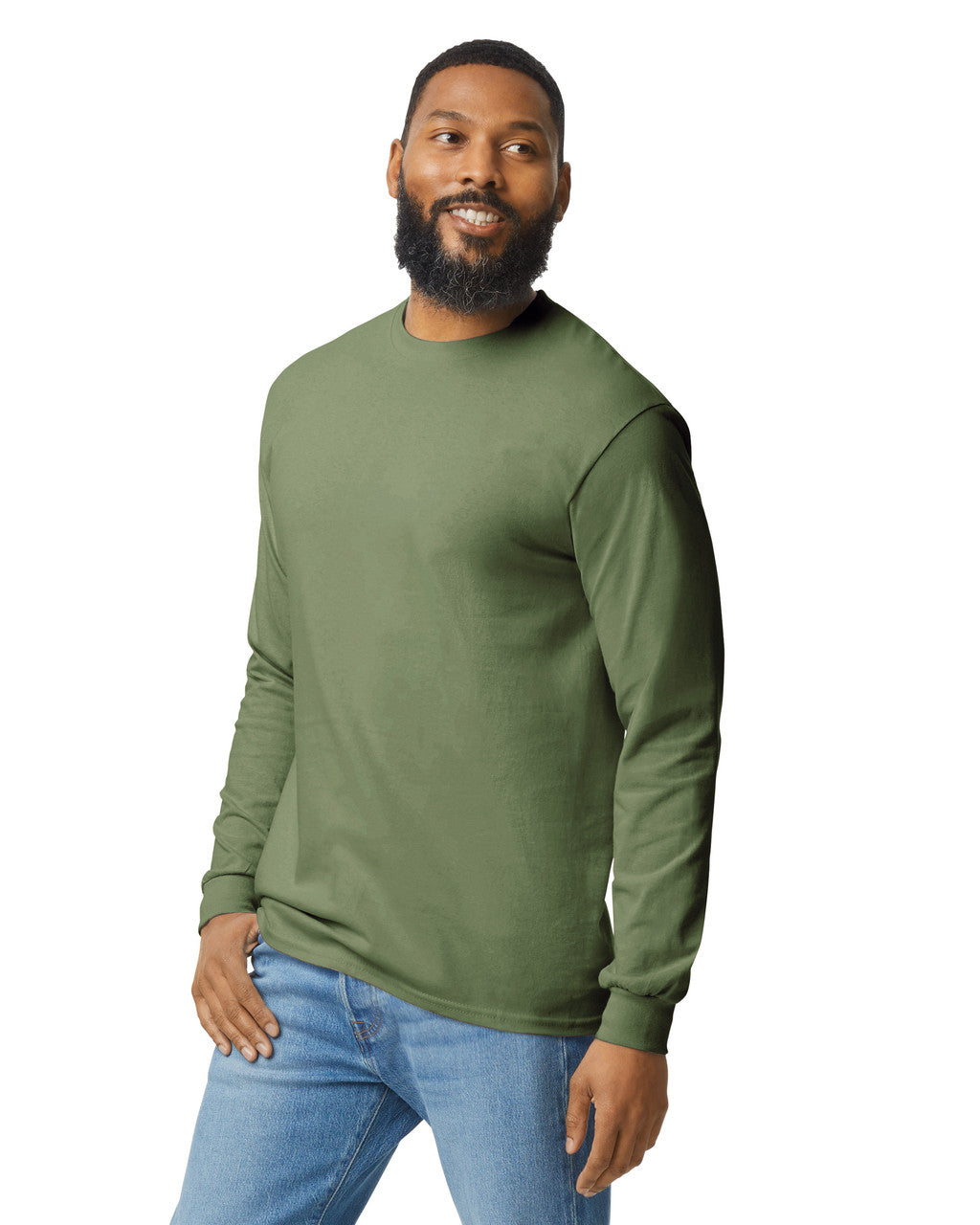 Gildan G540 Heavy Cotton Long Sleeve T-Shirt - Military Green - model side