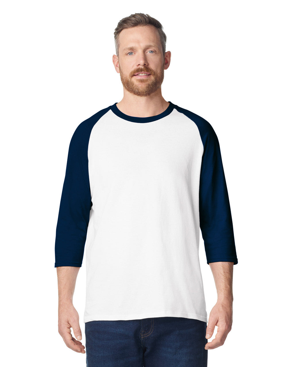 Gildan 5700 Unisex Heavy Cotton Raglan Three-Quarter Sleeve T-Shirt - White/ Navy - model front