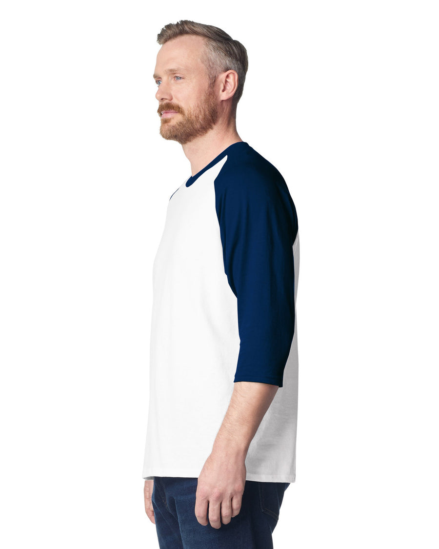 Gildan 5700 Unisex Heavy Cotton Raglan Three-Quarter Sleeve T-Shirt - White/ Navy - model side