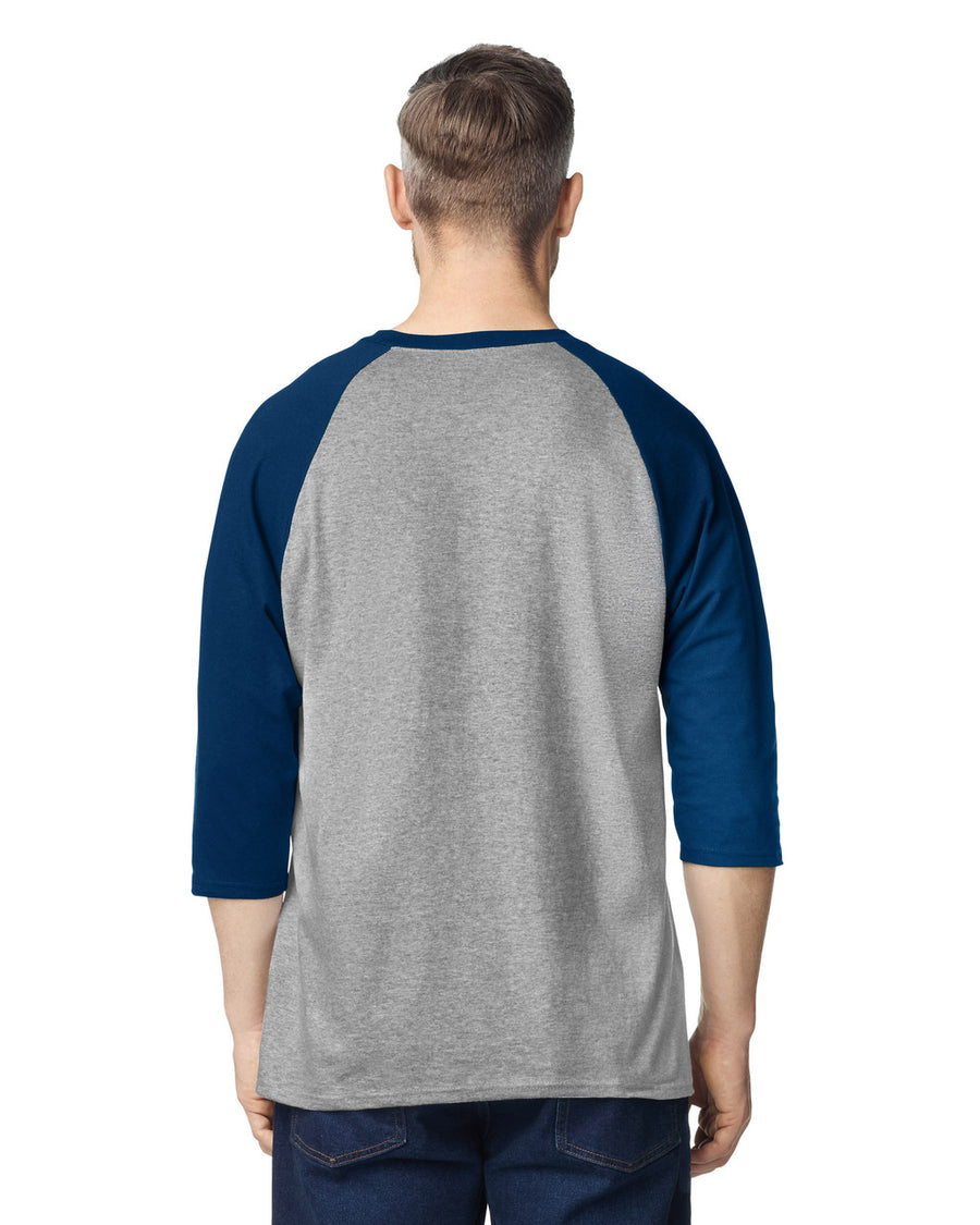 Gildan 5700 Unisex Heavy Cotton Raglan Three-Quarter Sleeve T-Shirt - Sport Grey/ Navy - model back