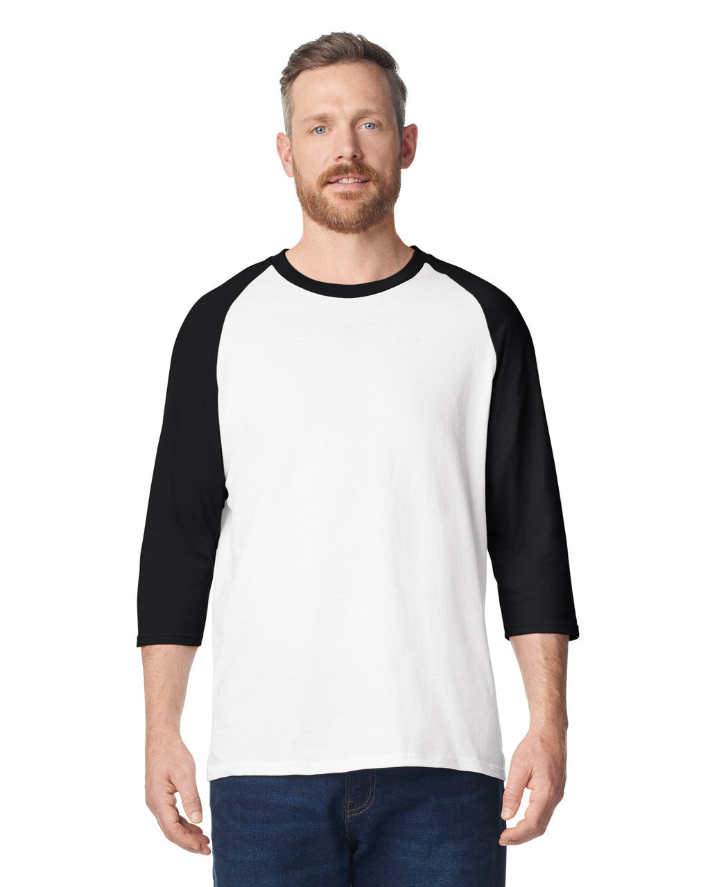 Gildan 5700 Unisex Heavy Cotton Raglan Three-Quarter Sleeve T-Shirt - White/ Black - model front
