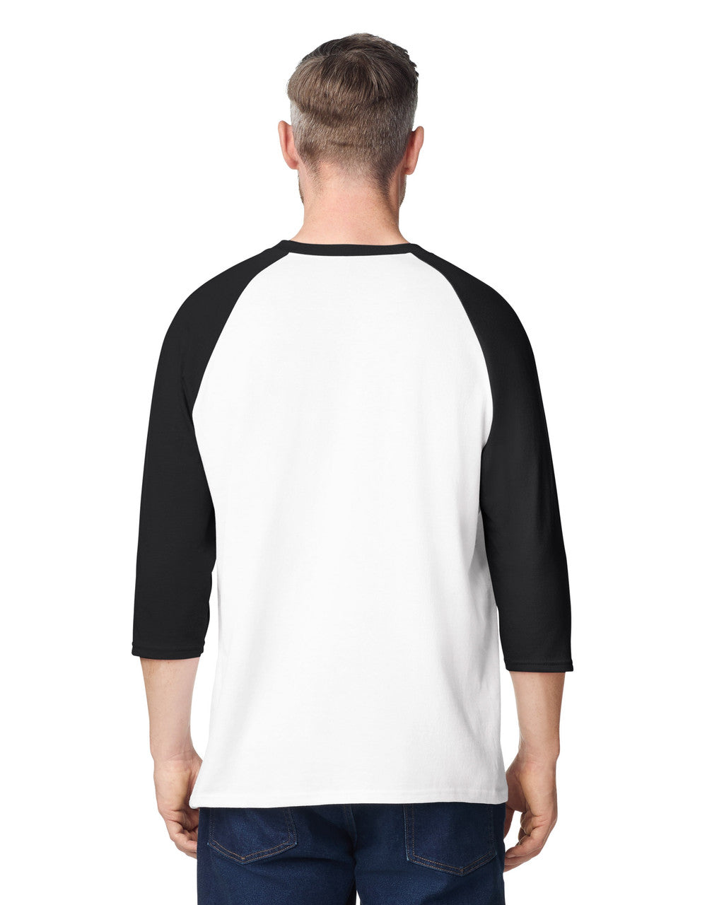 Gildan 5700 Unisex Heavy Cotton Raglan Three-Quarter Sleeve T-Shirt - White/ Black - model back